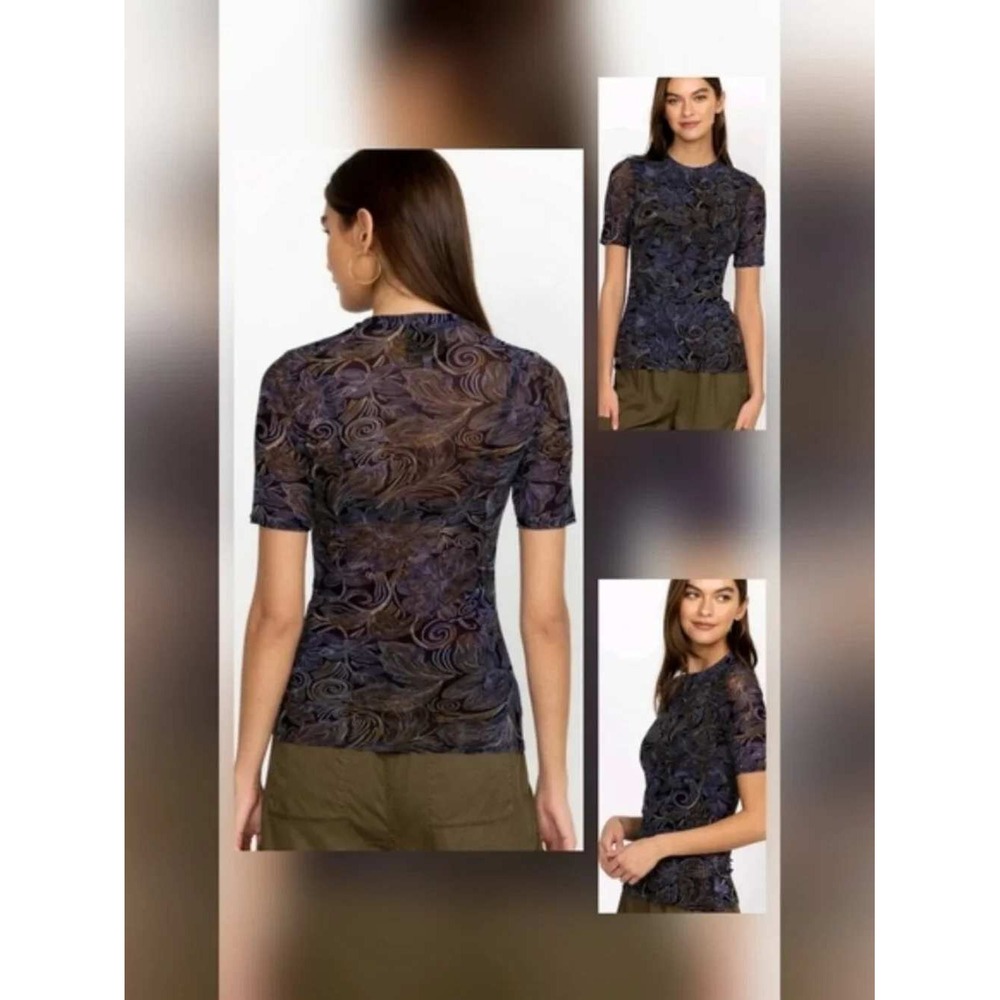 Johnny Was Jade Mesh Top Navy Gold Paisley Floral Sheer Tee Large R15023-2